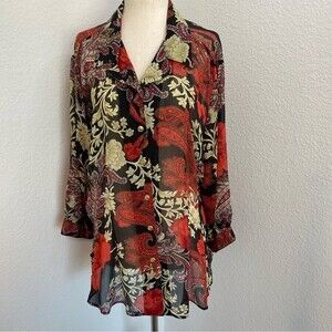 Joanna Puff 3/4 Sleeve Asian Floral Paisley Gold Sheer Lighweight Top Size 2X